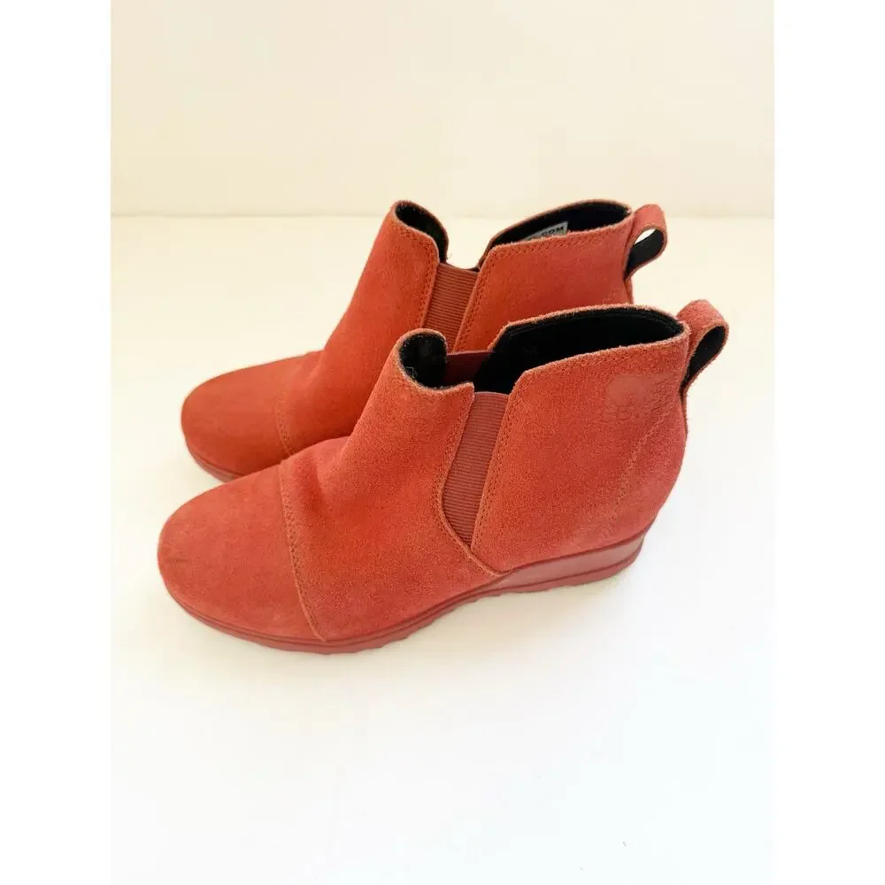Sorel Evie Pull-On Red Waterproof Suede Ankle Boots Bootie Lug Sole Orange 8